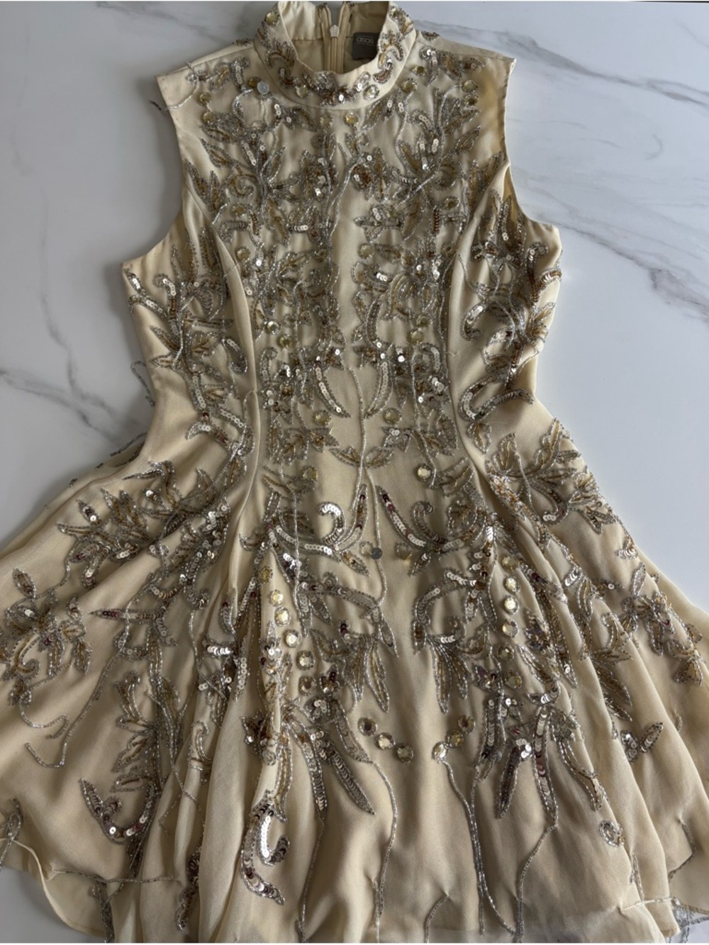 ASOS Cream Mini Dress with Gold Sequin Bead Embroidery Sz 4 - Picture 4 of 14